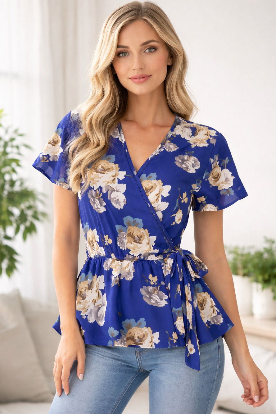 Sienna Sky Blue Floral Faux Wrap Sheer Blouse Small Tie Waist Peplum Top